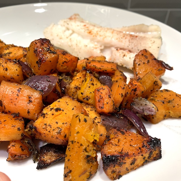 Baked Cod with Roasted Winter Veg